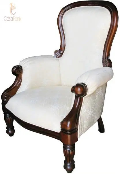 Large Round Back Arm Chair Antique Reproduction Fabric & Solid Mahogany CasaFenix