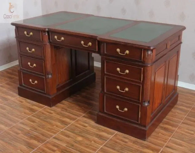 Large Twin Pedestal Desk Leather Top File & CPU Space Solid Mahogany Antique Reproduction Column Georgian Collection CasaFenix
