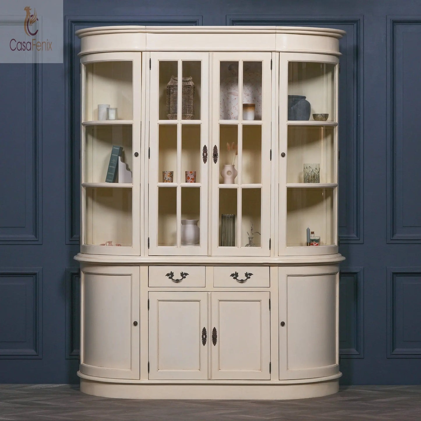 Large Vintage Cream Painted Mahogany Dresser Display Cabinet Rounded Sides - CasaFenix