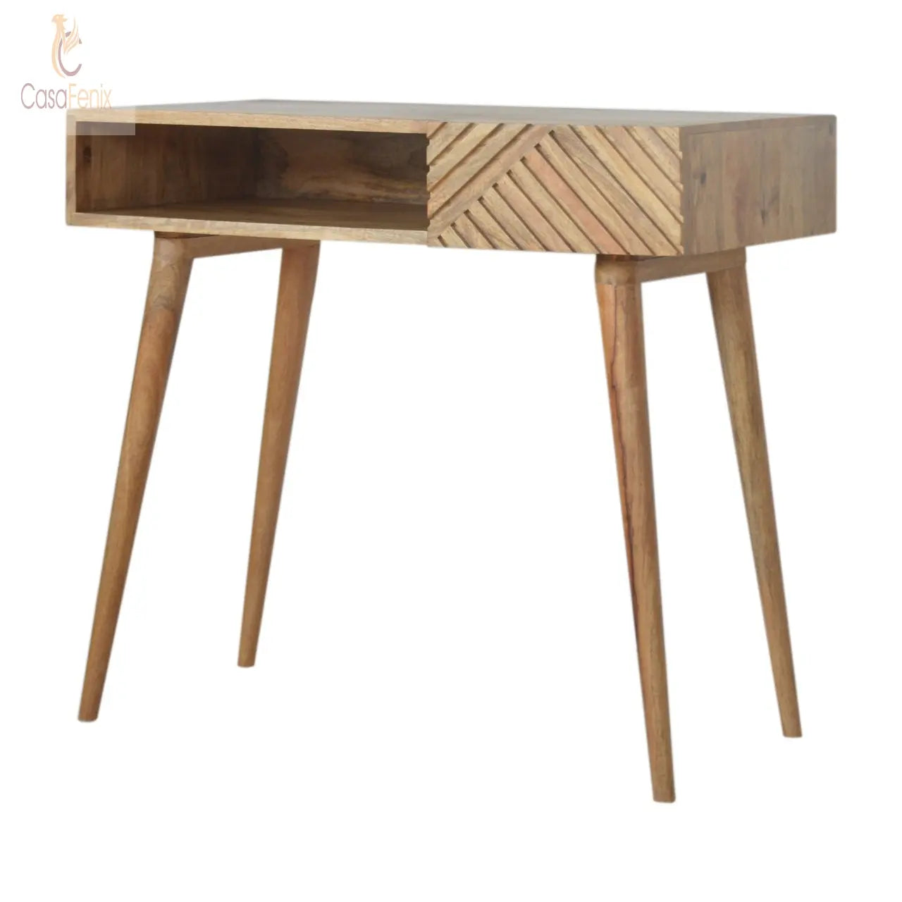 Line Carving Writing Desk 100% solid mango wood in an oak-ish finish - CasaFenix