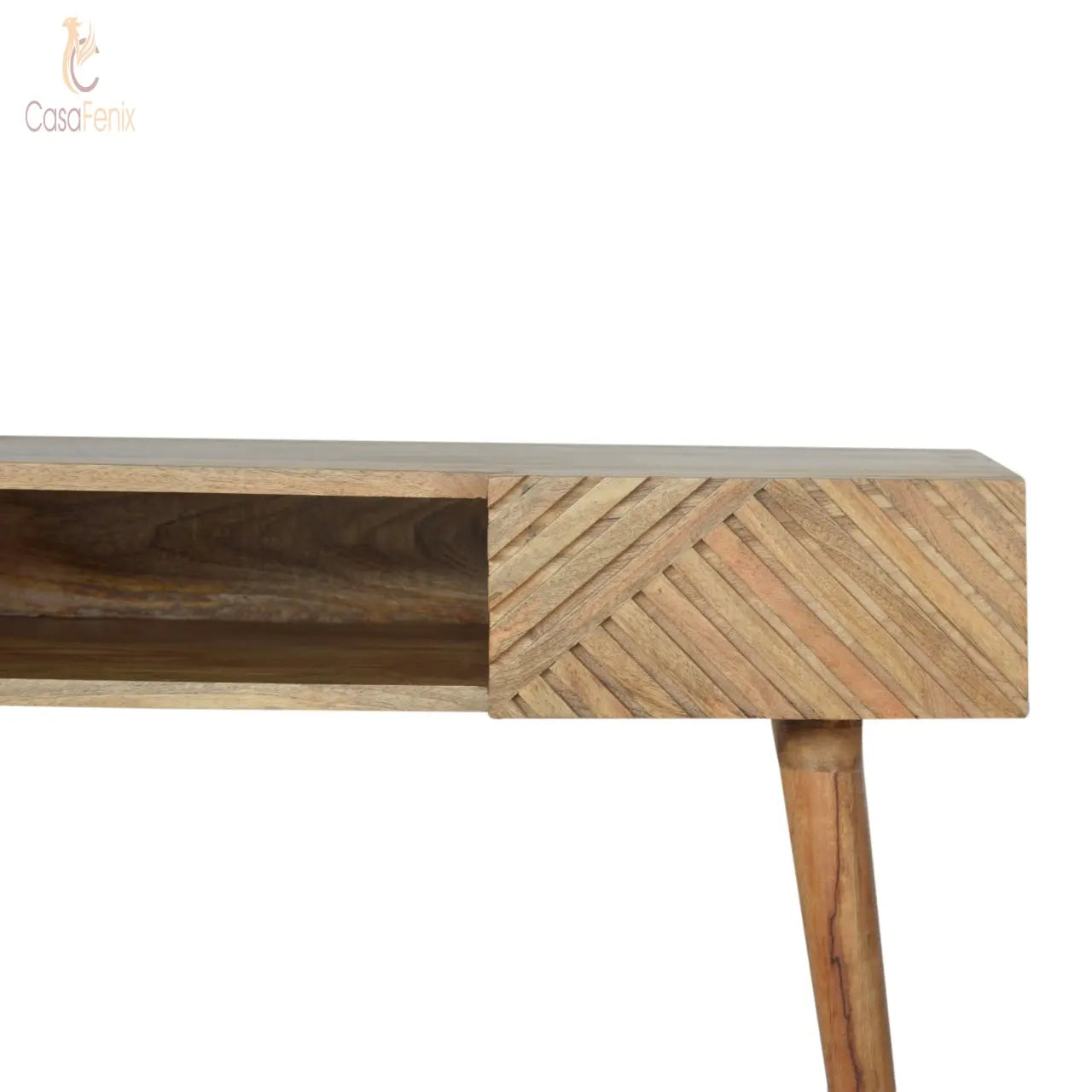 Line Carving Writing Desk 100% solid mango wood in an oak-ish finish - CasaFenix