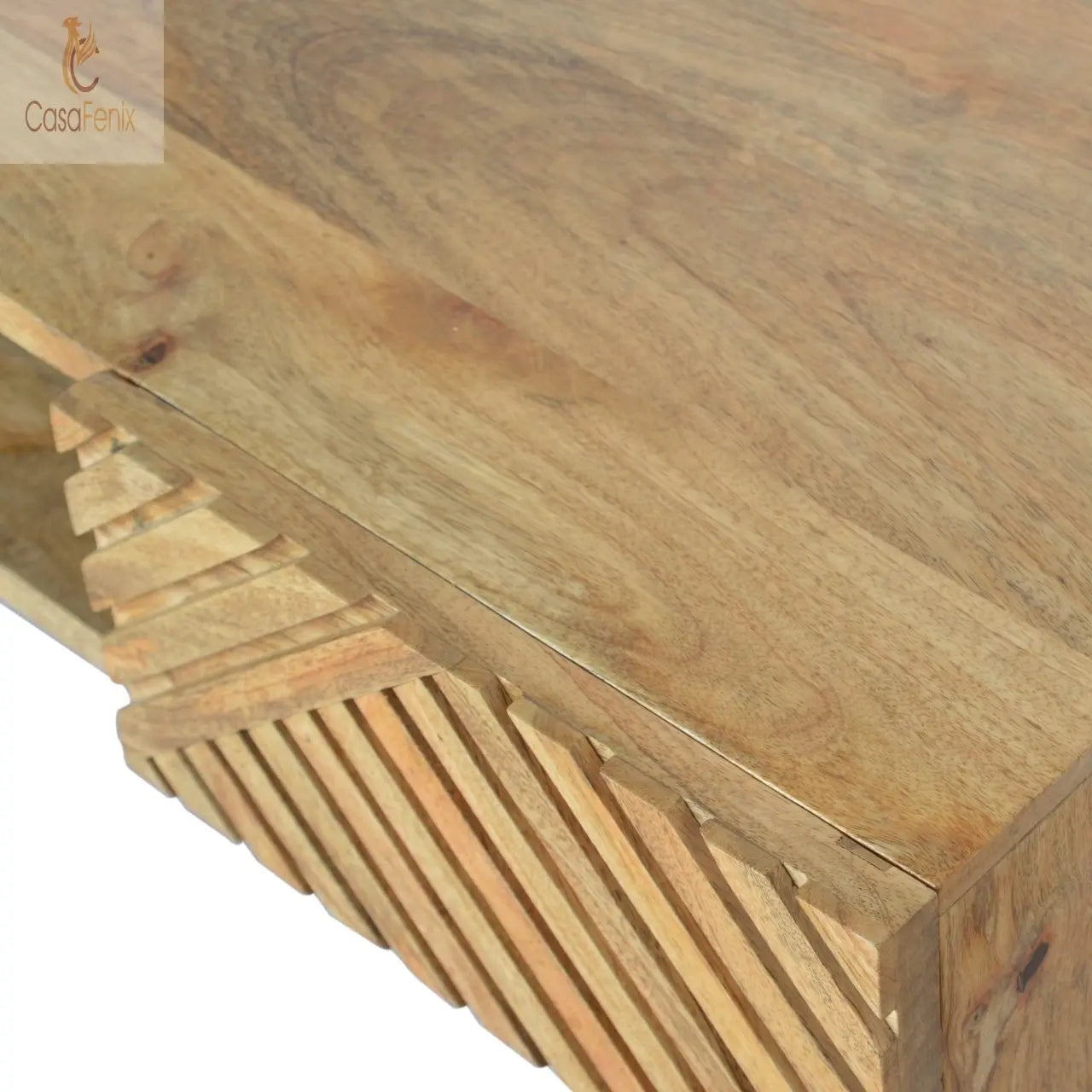 Line Carving Writing Desk 100% solid mango wood in an oak-ish finish - CasaFenix