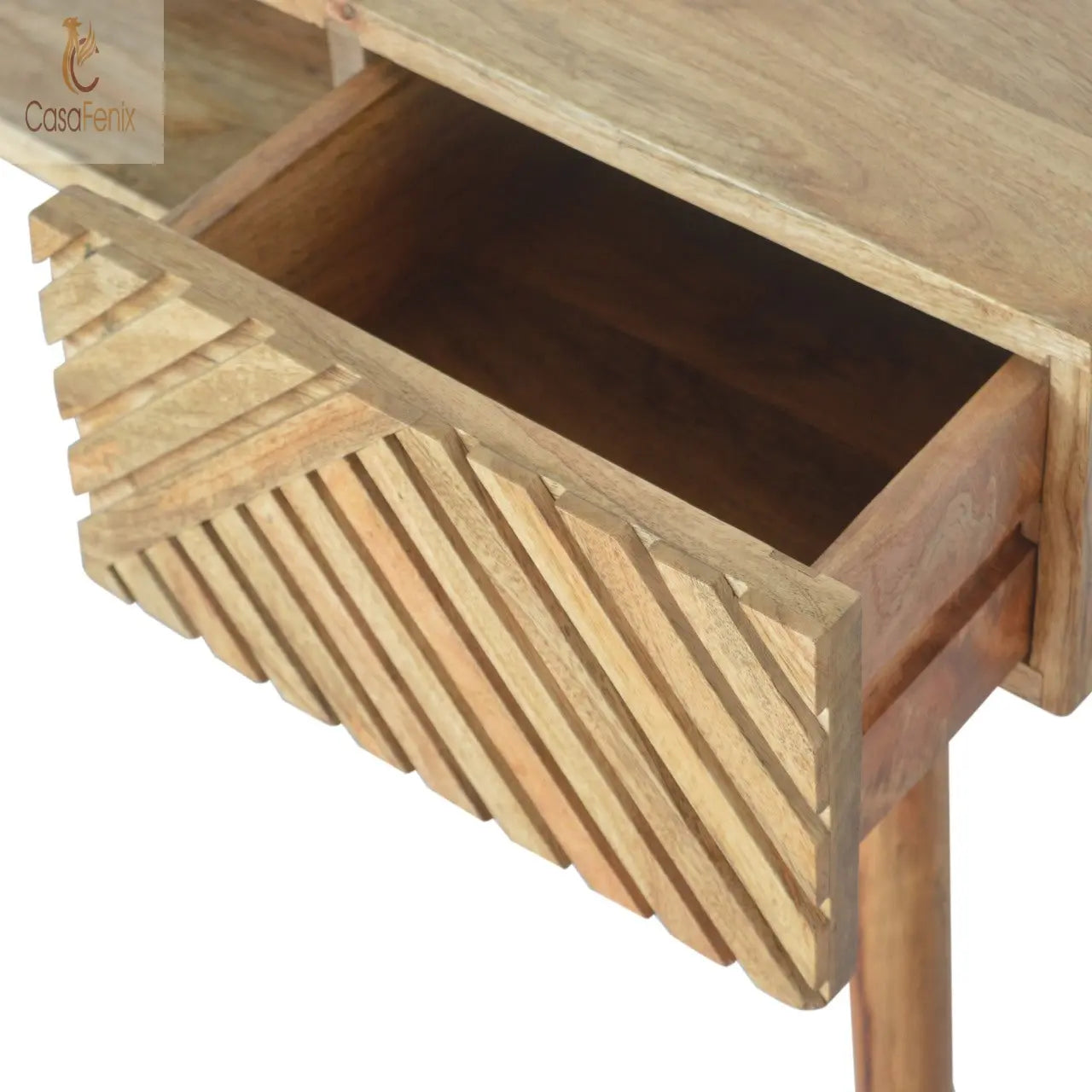 Line Carving Writing Desk 100% solid mango wood in an oak-ish finish - CasaFenix