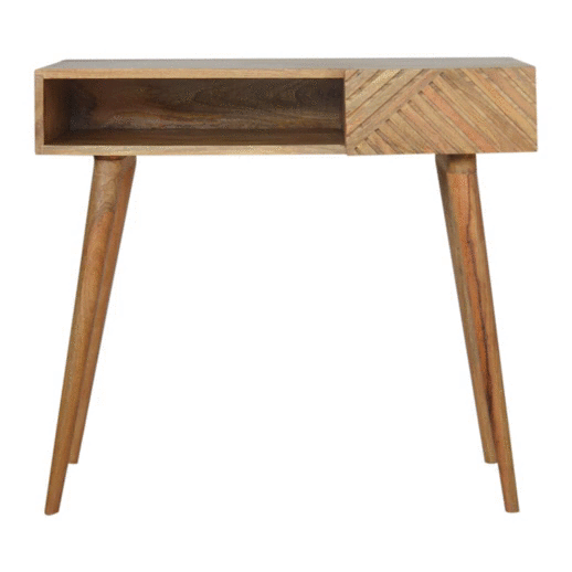 Line Carving Writing Desk 100% solid mango wood in an oak-ish finish - CasaFenix