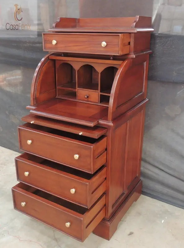 Roll Top Bureau Desk Solid Mahogany Antique Reproduction CasaFenix