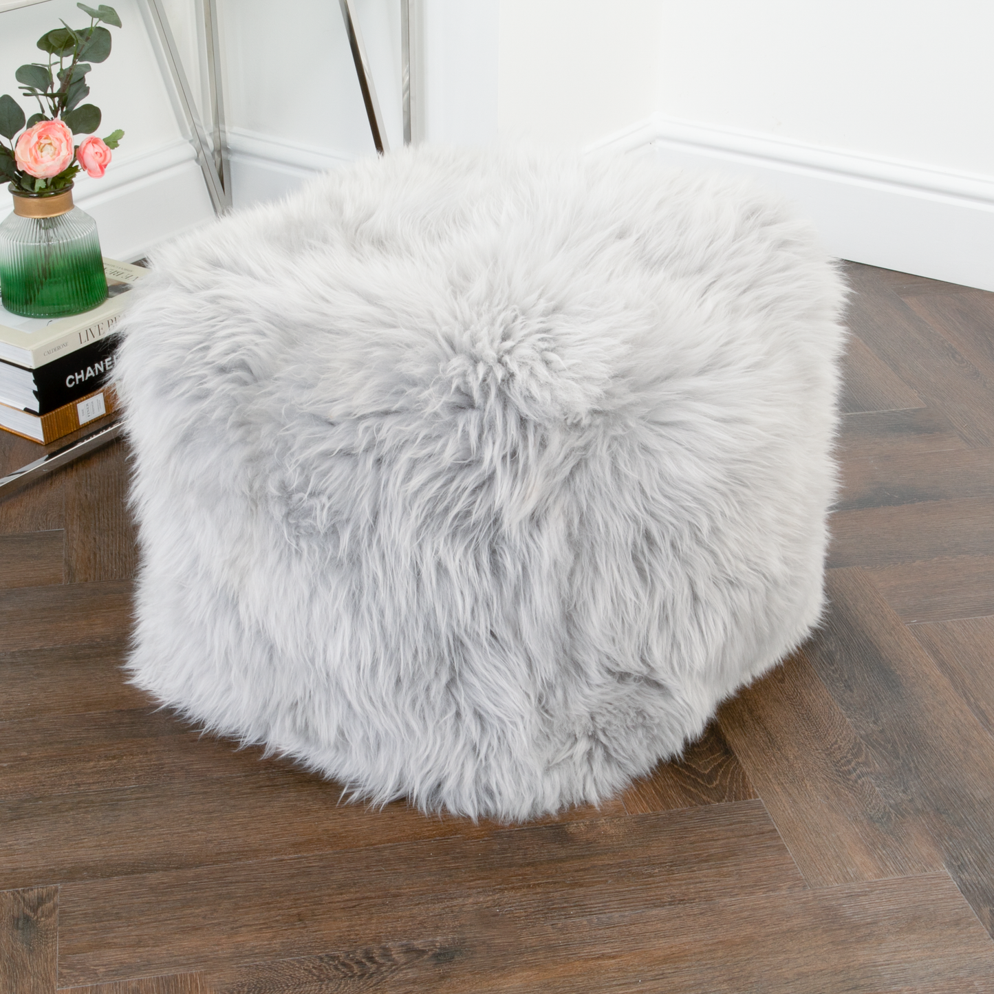 Grey Sheepskin Pouf 40x40x40cm Cube Foot Stool - CasaFenix