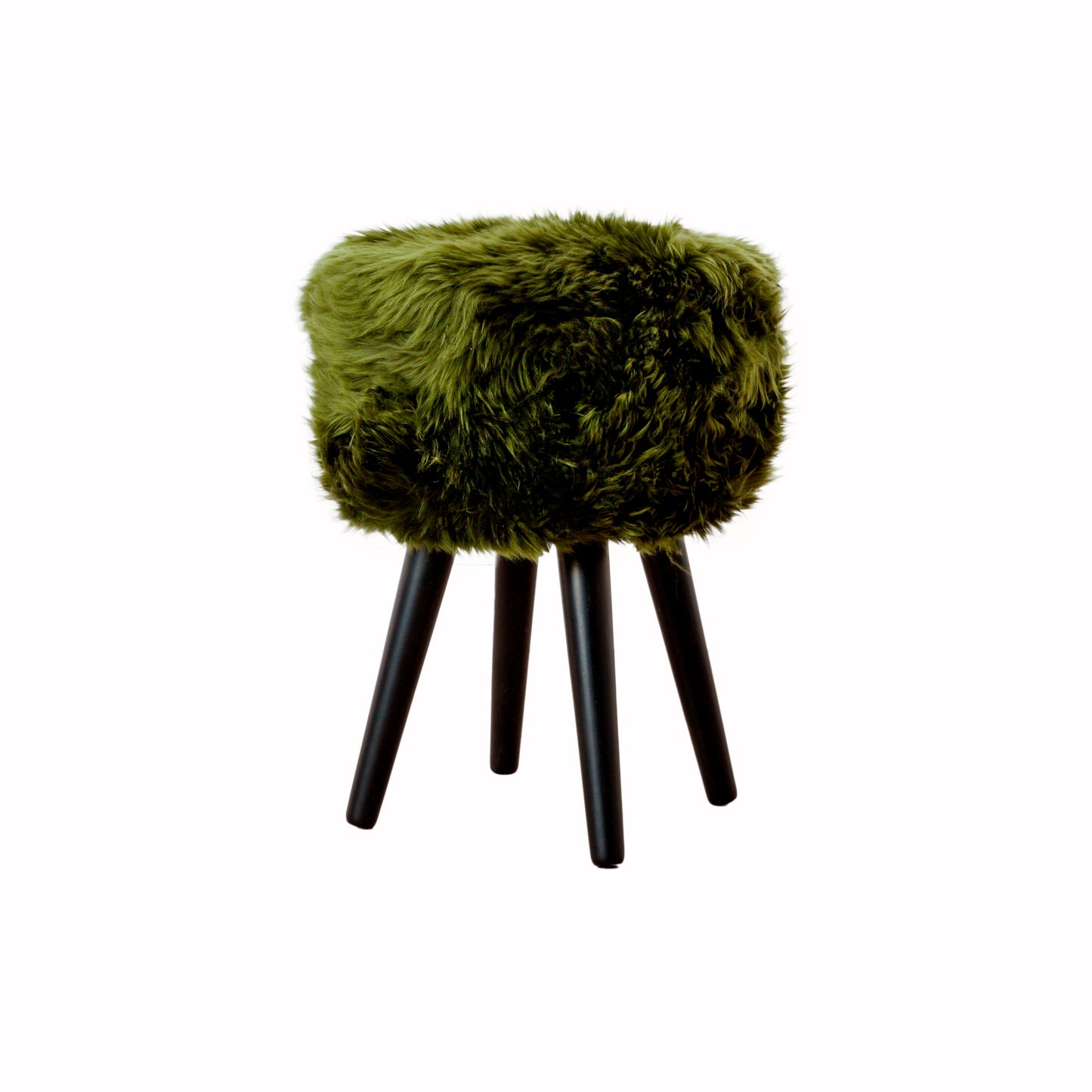 Olive Green Genuine Sheepskin Black Wooden Leg Stool - CasaFenix