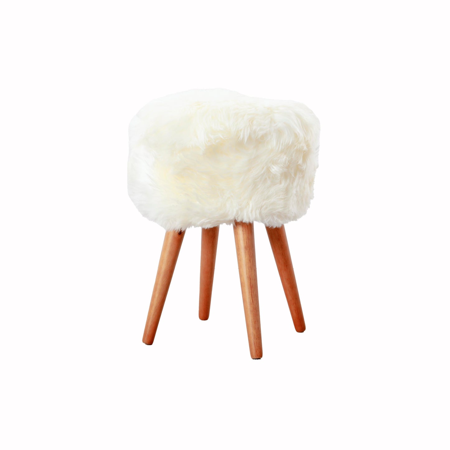 Natural White Genuine Sheepskin Wood Leg Stool - Woodstain - CasaFenix