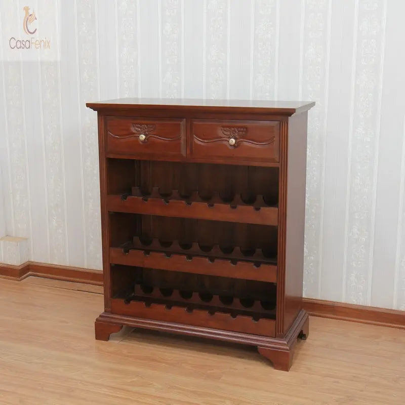 Wine Rack Cabinet / Sideboard With 2 Drawers Solid Mahogany - CasaFenix