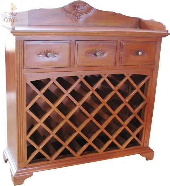 Wine Rack Cabinet / Sideboard With 3 Drawers Solid Mahogany - CasaFenix