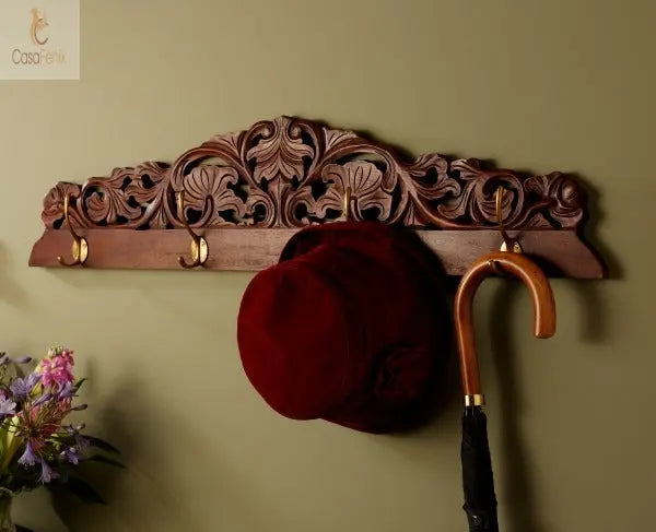 Solid Mahogany Carved Coat Hooks Wall Mounted - CasaFenix