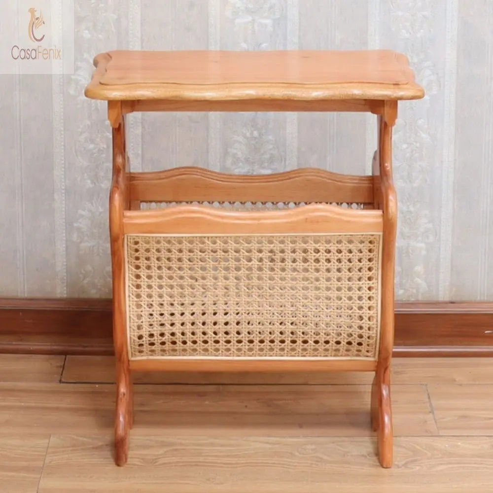 Solid Mahogany & Rattan Magazine Rack Table - CasaFenix