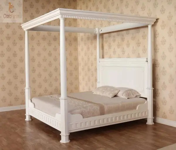 Tudor Style Solid Mahogany Four Poster Bed Low Foot Board Plain Carvings - CasaFenix