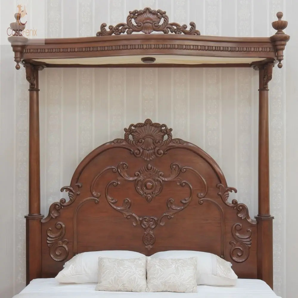 Victorian Style Heavily Carved Solid Mahogany Half Tester Canopy Bed Low foot board - CasaFenix
