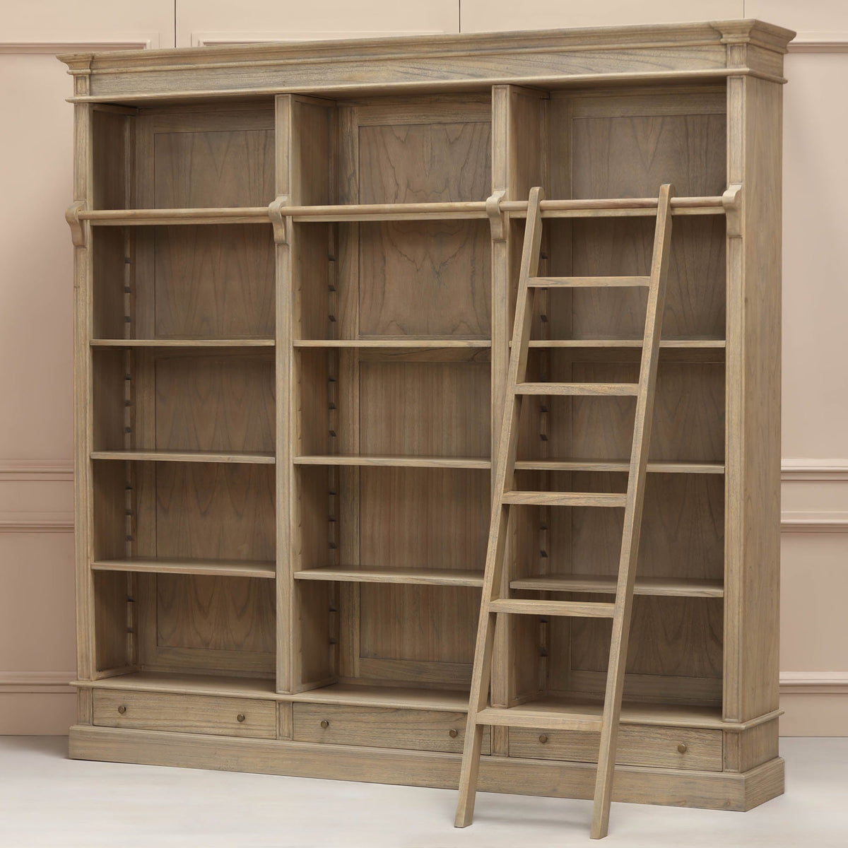 White Cedar Library Bookcase with Detachable Ladder 242cm Rustic Finish Bookcase CasaFenix