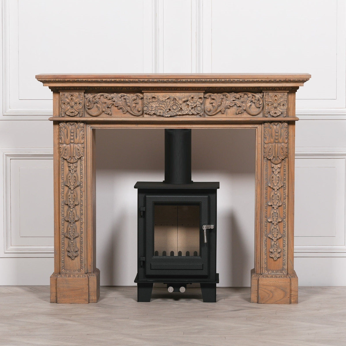 Hand-Carved White Cedar Fire Surround | Rustic Aged Finish Fire surround CasaFenix