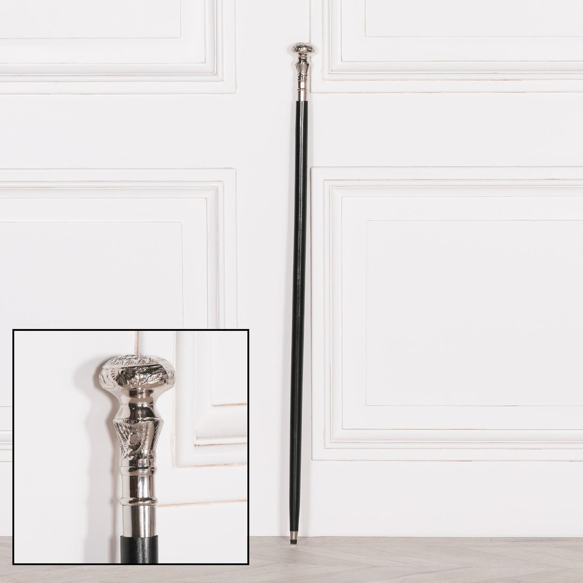 Victorian Style Walking Stick | Black Mango Wood & Nickel-Plated Brass Handle Walking Stick CasaFenix