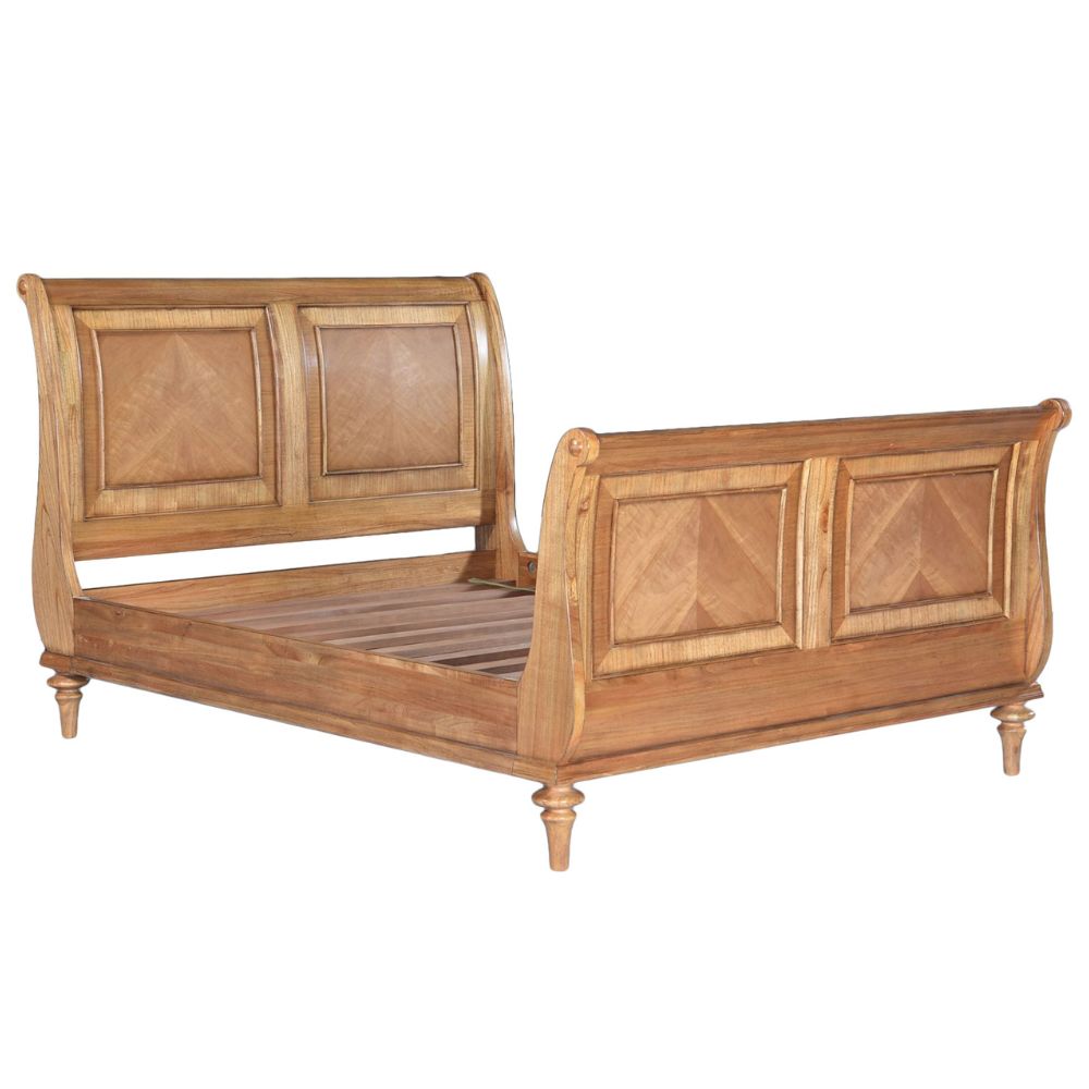 French Carved Traditional Sleigh Bed with Rattan Panels. Cheshire Range. Mindi Wood Walnut Finish (Copy) Beds & Bed Frames CasaFenix