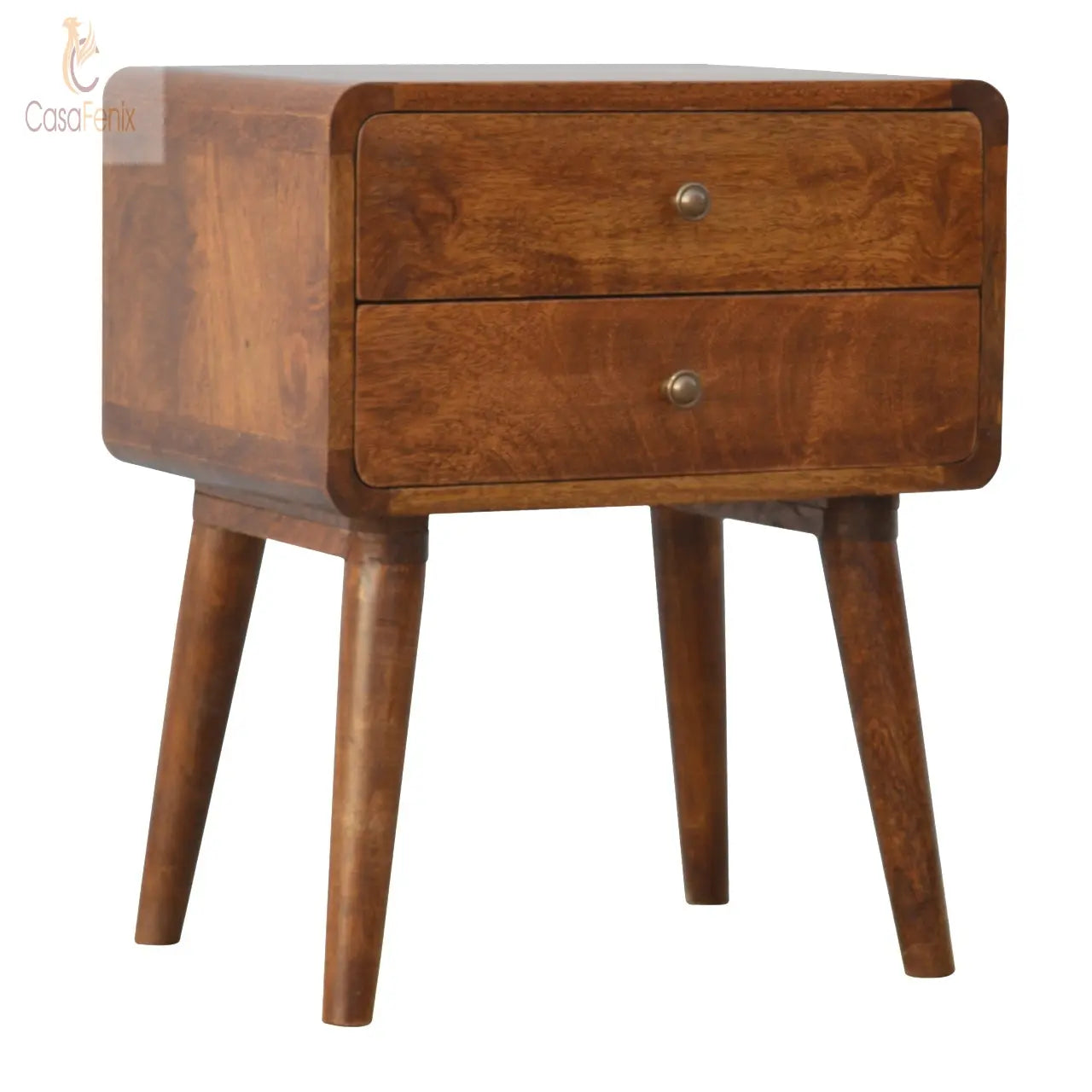 Curved Chestnut Bedside 2 Drawer Solid Mango Wood Nordic Design - CasaFenix