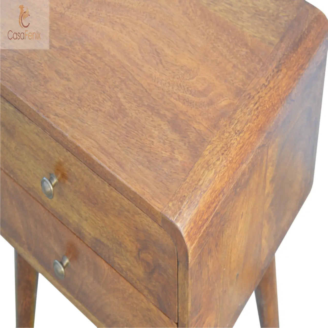 Curved Chestnut Bedside 2 Drawer Solid Mango Wood Nordic Design - CasaFenix