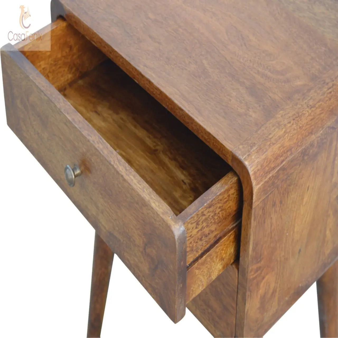 Curved Chestnut Bedside 2 Drawer Solid Mango Wood Nordic Design - CasaFenix