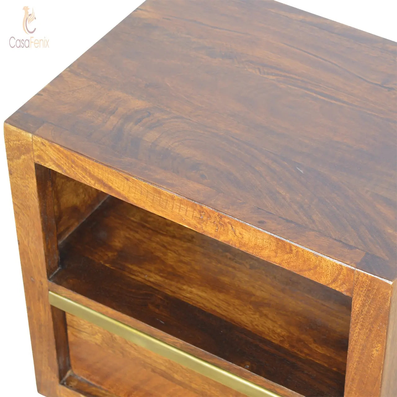 Chestnut Bedside with Gold Bar Fronted Single Drawer - CasaFenix