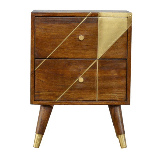 Gold Geometric Chestnut Bedside Brass Inlay Design 2 Drawer Chest Bedside table / chest CasaFenix
