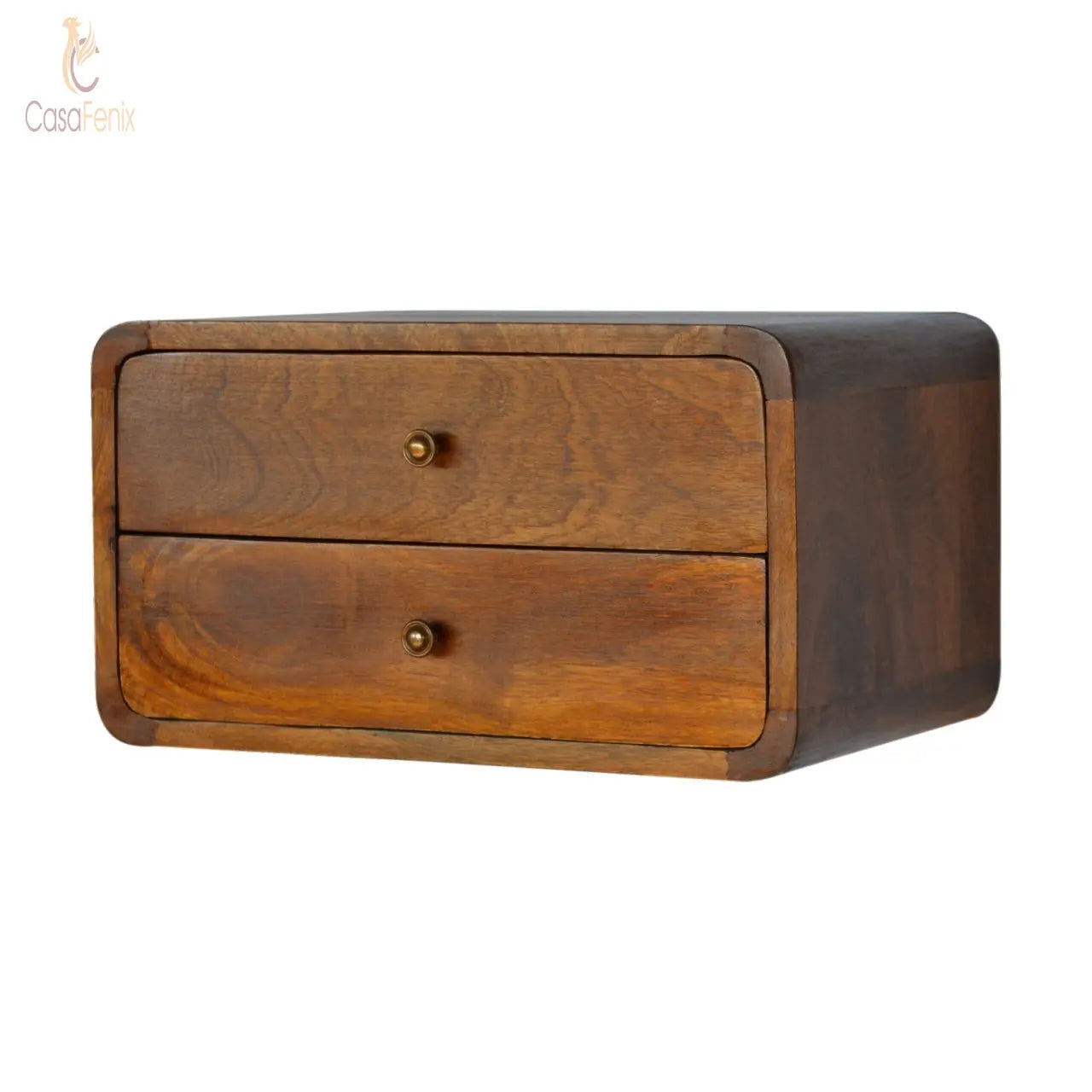 Curved Chestnut Wall Mounted Bedside Table 2 Drawer Chest - CasaFenix