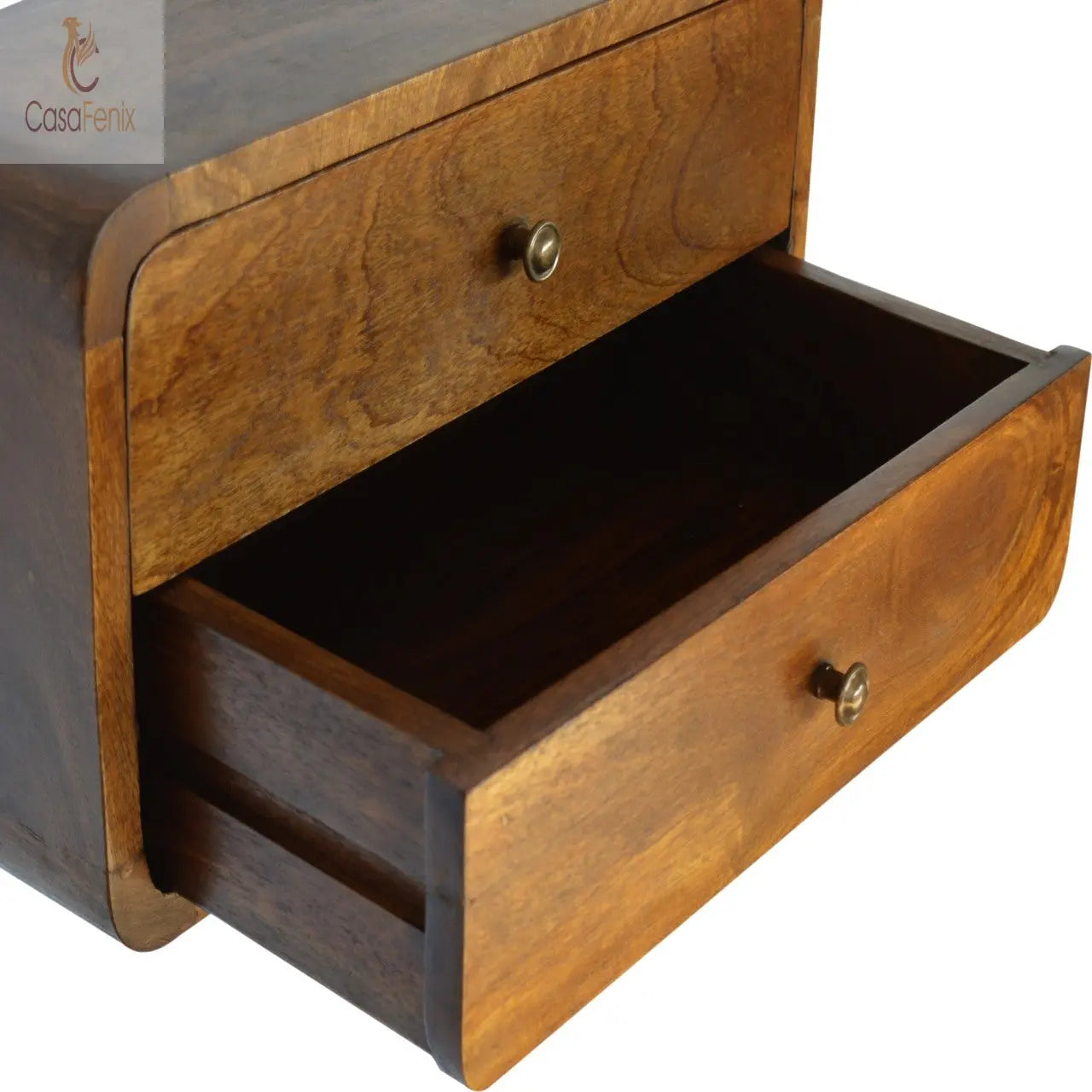 Curved Chestnut Wall Mounted Bedside Table 2 Drawer Chest - CasaFenix