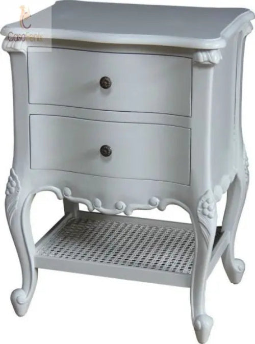 French Style Carved Bedside Stand / Table Two Drawer Chest Solid Mahogany & Rattan Shelf - CasaFenix