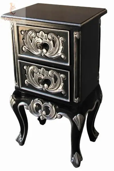 French Rococo Bedside Table Two Drawer Chest Solid Mahogany - CasaFenix