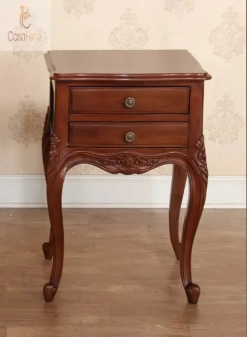 French Louis Style Bedside Stand 2 Drawer Carved Solid Mahogany Chest - CasaFenix