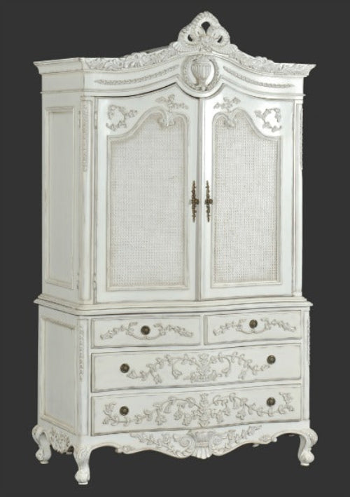 Amboise French Bedroom 2 Door Linen Press / 4 Drawer Chest Solid Carved Mahogany & Rattan - CasaFenix