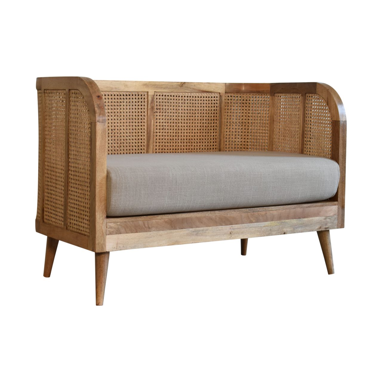 Grey Tweed Rattan 2 Seat Upholstered Conservatory Sofa Mango Wood Frame - CasaFenix