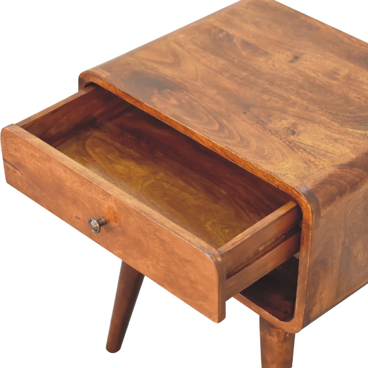 Curved Chestnut Bedside with Open Slot - CasaFenix