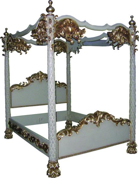 Heavily Carved Mahogany Palm Tree Column Four Poster Bed - CasaFenix