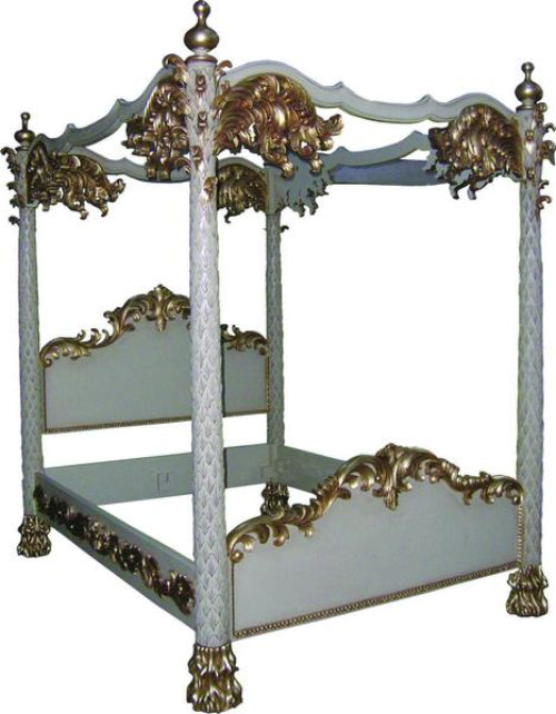 Heavily Carved Mahogany Palm Tree Column Four Poster Bed - CasaFenix