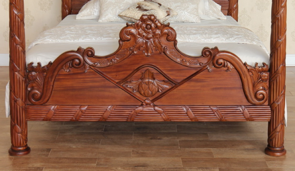 Stunning Heavily Carved Mahogany Four Column Poster Bed - CasaFenix