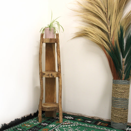 Natural Teak Corner Unit 3 Shelves - H90cm Unusual Plant Stand or Display Unit - CasaFenix