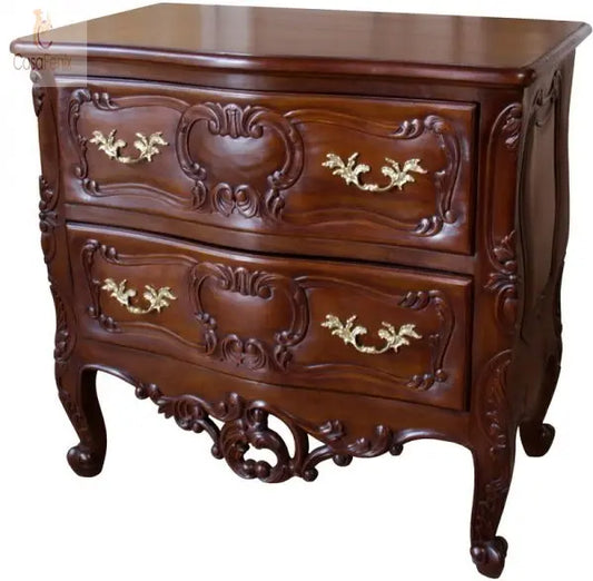 2 Drawer Rococo Shaped 2 Drawer Chest Solid Mahogany Bedroom Storage CasaFenix