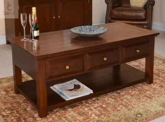 3 Drawer Yorke Contemporary Collection Coffee Table Solid Mahogany - CasaFenix