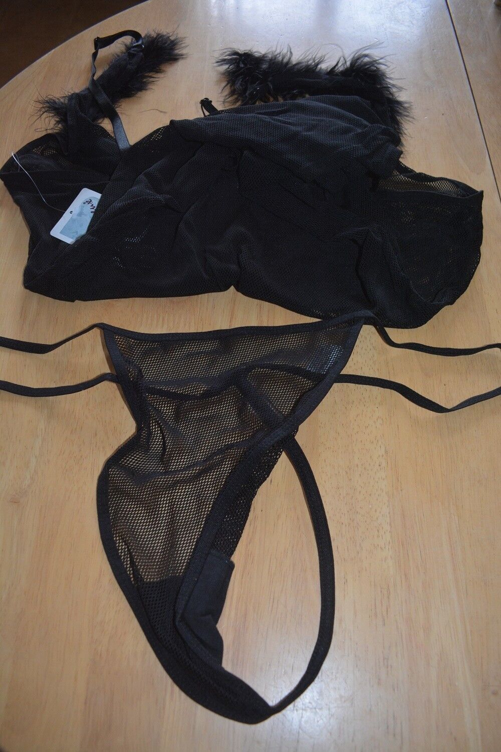 New VX Intimate Black Fur Edged See Through Babydoll + G-string One Size. 5024 Clothes, Shoes & Accessories:Women:Women's Clothing:Lingerie & Nightwear:Nightwear CasaFenix