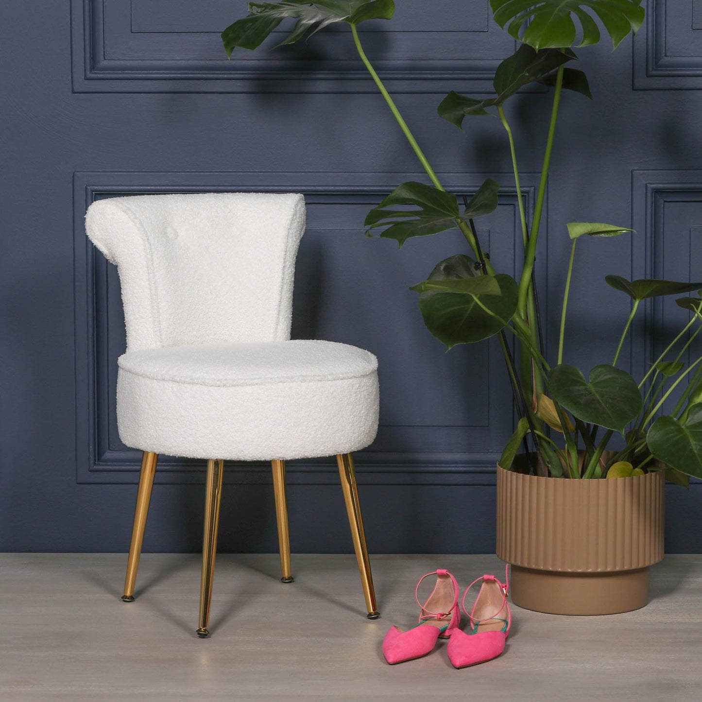 White Boucle Button Stool & Bedroom Chair with Gold Legs Chair CasaFenix
