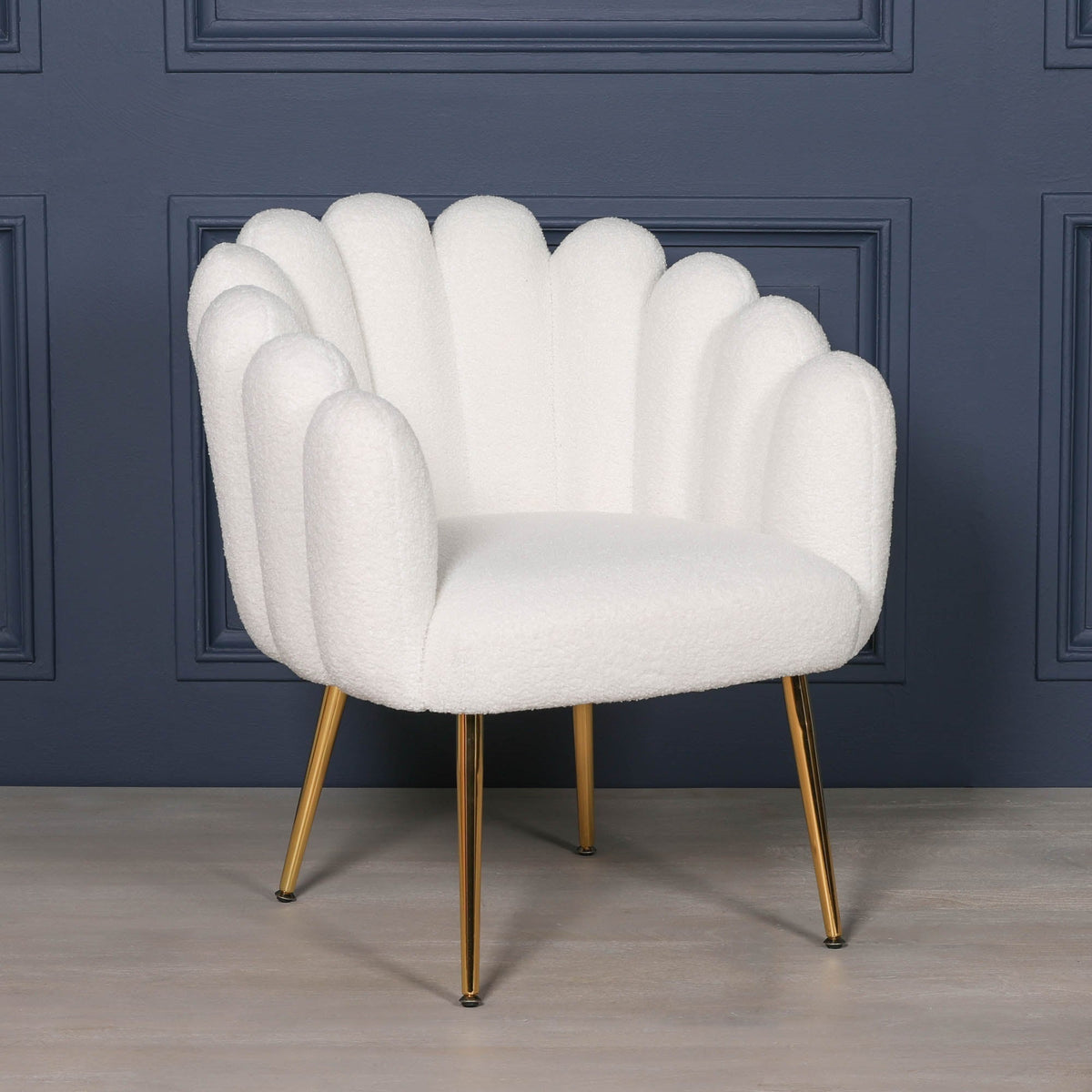 White Boucle Art Deco Scalloped Chair with Gold Legs Chair CasaFenix