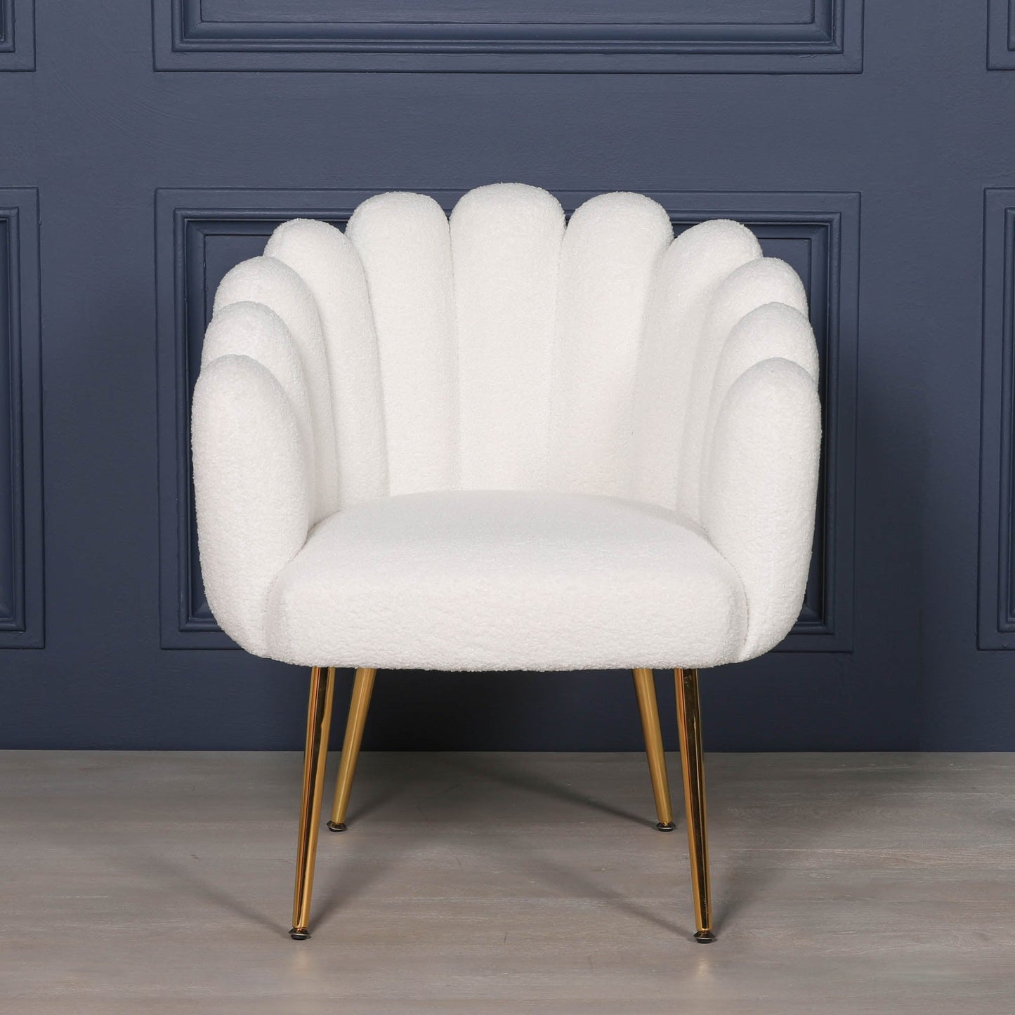 White Boucle Art Deco Scalloped Chair with Gold Legs Chair CasaFenix