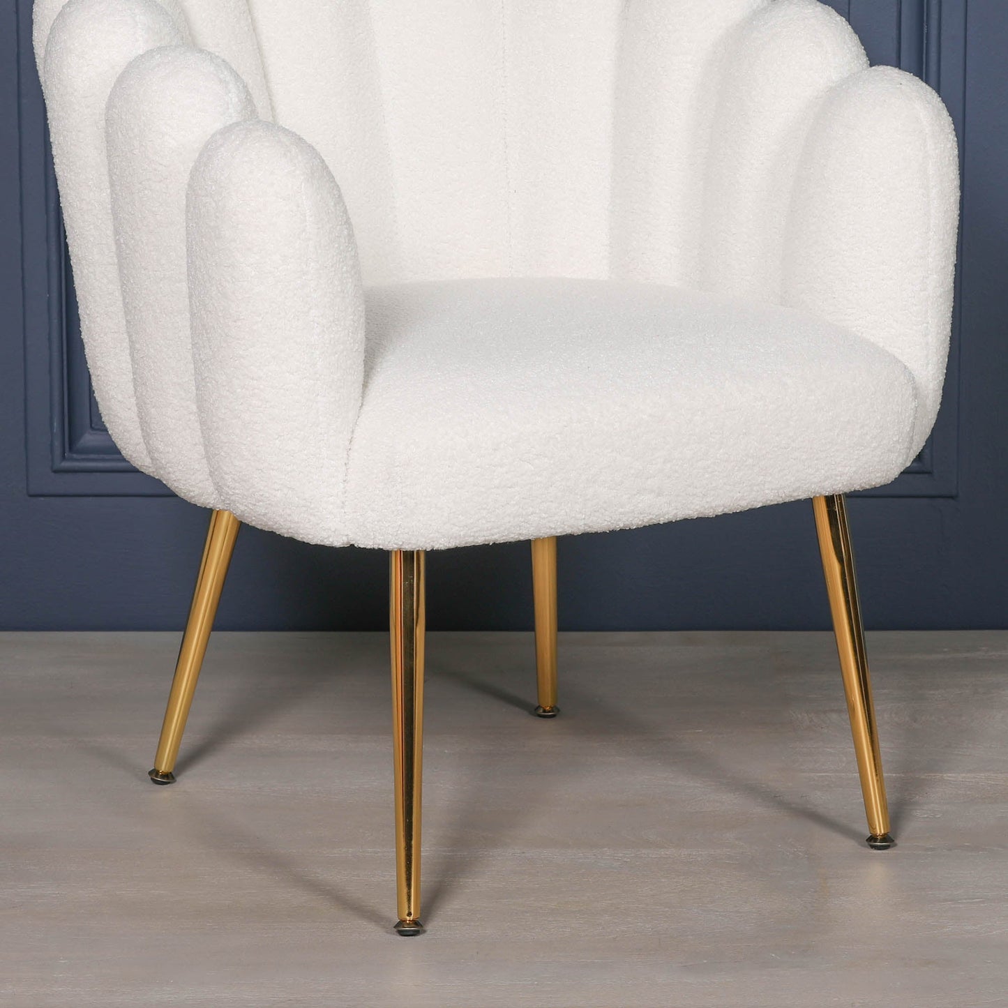 White Boucle Art Deco Scalloped Chair with Gold Legs Chair CasaFenix