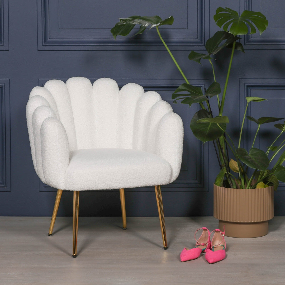 White Boucle Art Deco Scalloped Chair with Gold Legs Chair CasaFenix