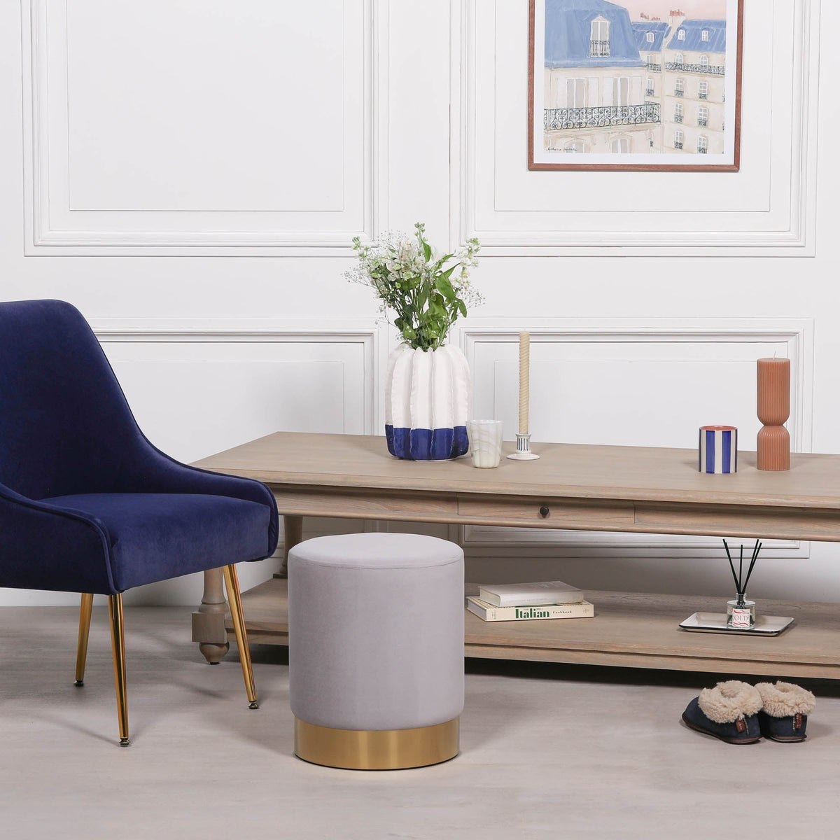 Light Grey Velvet Round Stool with Gold Base Stools CasaFenix