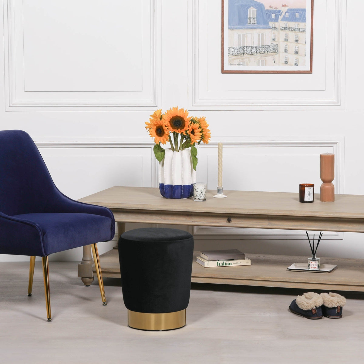Black Velvet Round Stool Gold Colour Base Stools CasaFenix