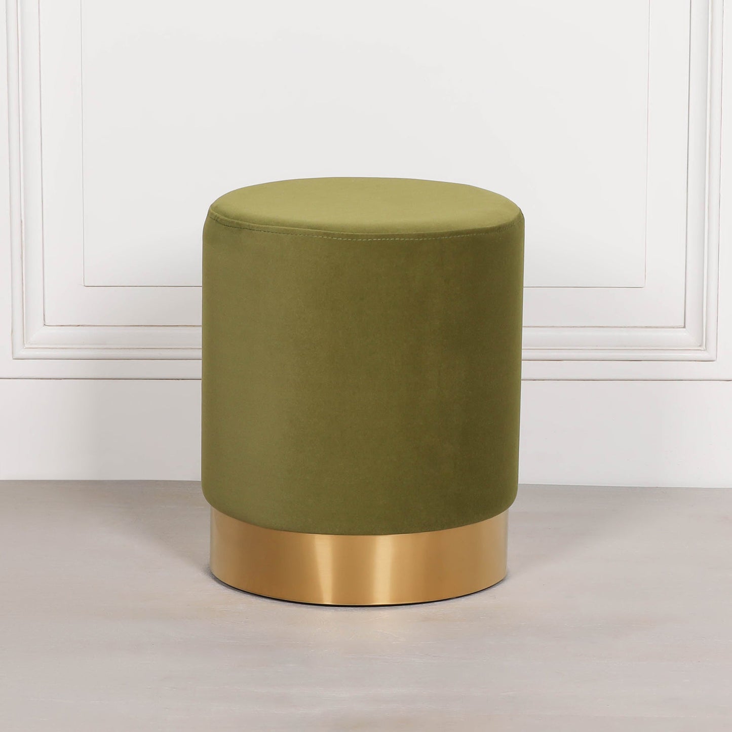 Olive Green Velvet Round Stool with Gold Trim Base stool CasaFenix